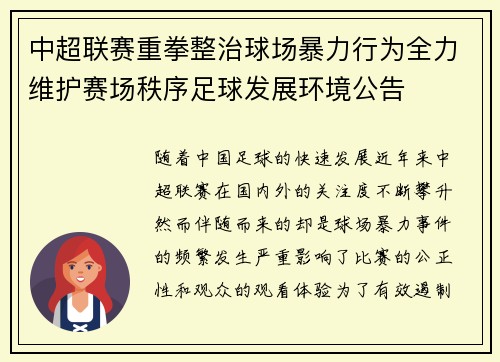 中超联赛重拳整治球场暴力行为全力维护赛场秩序足球发展环境公告